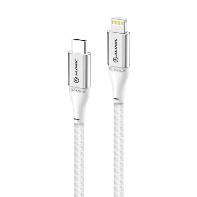 Alogic SUPER Ultra USB-C to Lightning Cable, 1.5m in silver, designed for high-speed data transfer and rapid charging.