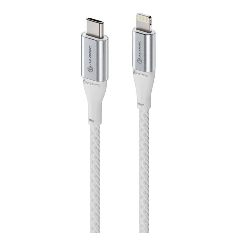 Alogic SUPER Ultra USB-C to Lightning Cable, 1.5m, silver, durable aluminum and TPE, fast charging for Apple devices.