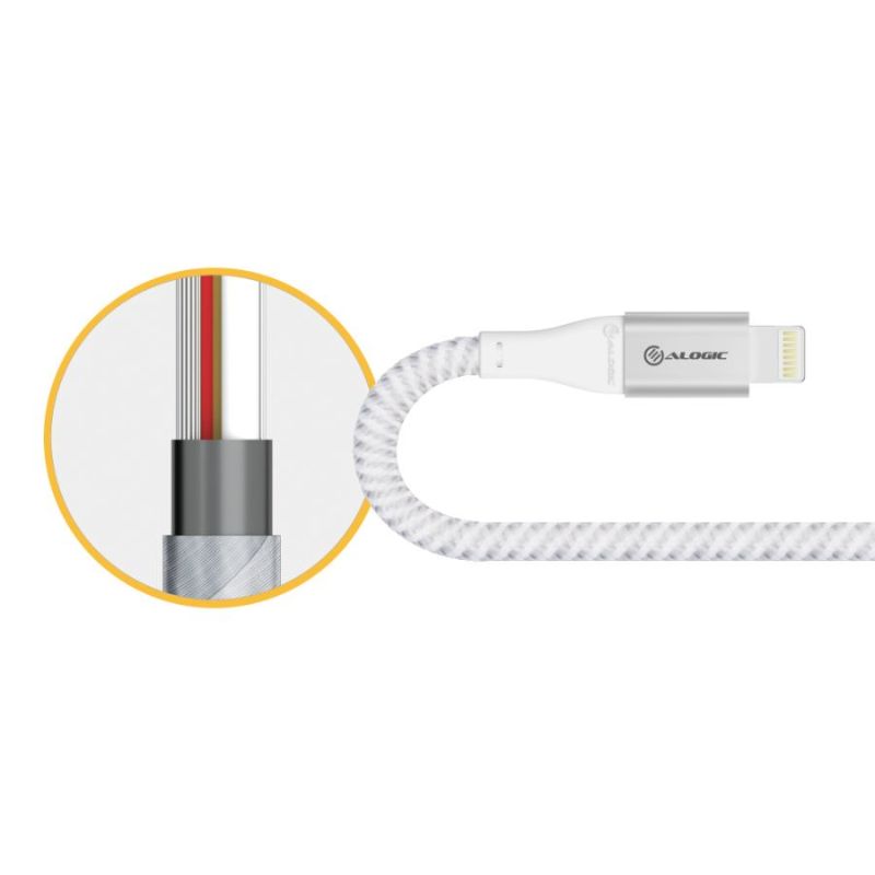 Alogic SUPER Ultra 1.5m USB-C to Lightning cable in silver, designed for fast charging and durable performance.