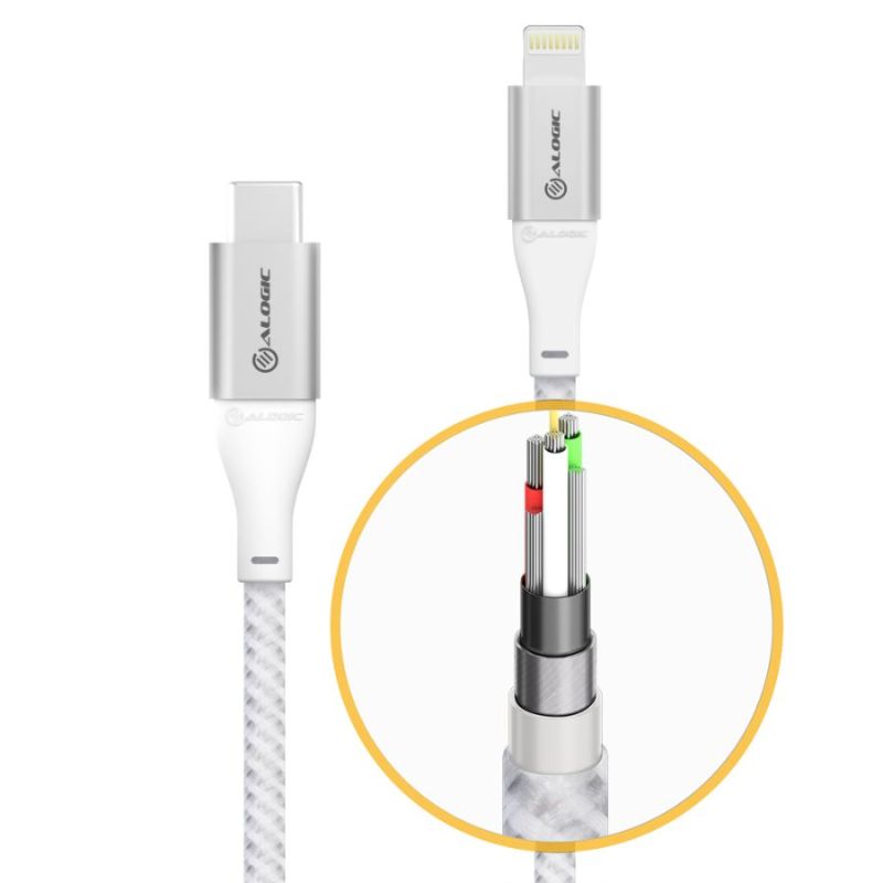 Alogic SUPER Ultra USB-C to Lightning Cable, 1.5m silver with durable design for fast charging and data transfer.