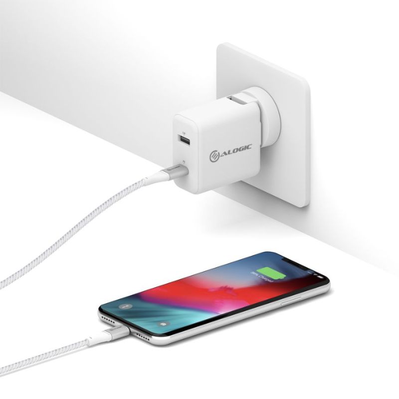 Alogic SUPER Ultra USB-C to Lightning Cable, 1.5m long, silver, designed for fast charging and data transfer for Apple devices.