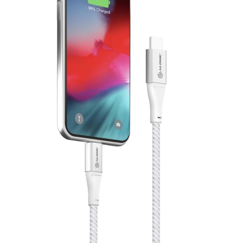 Alogic 1.5m USB-C to Lightning cable in silver, designed for fast charging and data transfer, featuring durable aluminum and TPE construction.