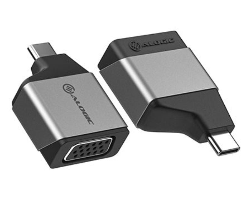 Alogic Ultra Mini USB-C to VGA Adapter in sleek Space Grey for connecting USB-C devices to VGA displays, supports 1920x1200 at 60Hz.