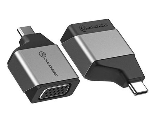 Alogic Ultra Mini USB-C to VGA Adapter in sleek Space Grey for connecting USB-C devices to VGA displays, supports 1920x1200 at 60Hz.