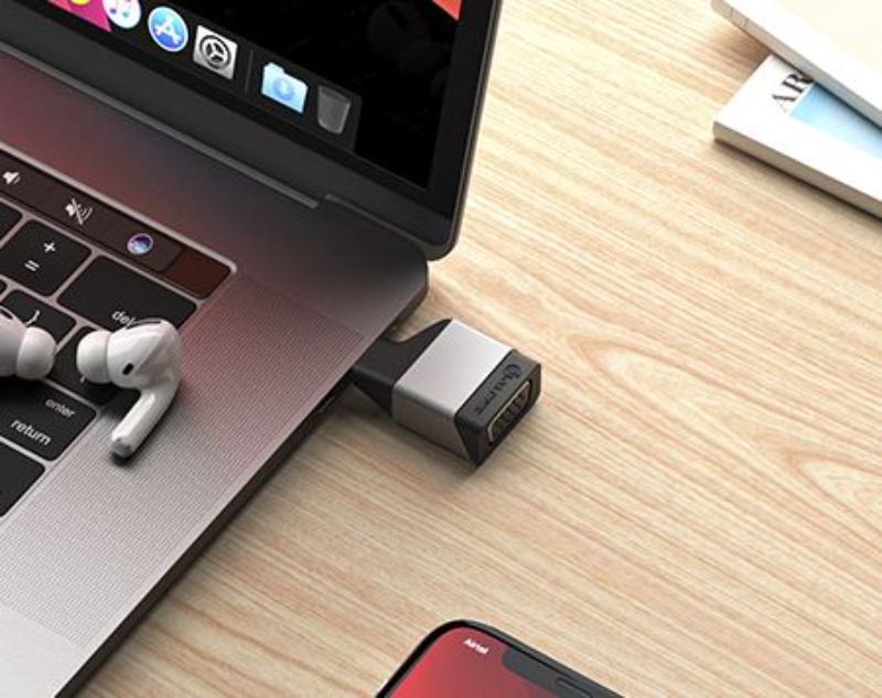 Alogic Ultra Mini USB-C to VGA Adapter in Space Grey, enabling 1920x1200 resolution, lightweight at 10g for easy portability.