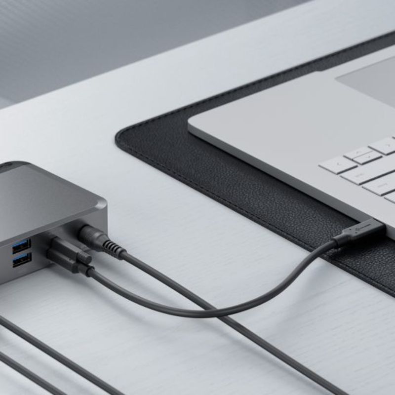Alogic MX2 USB-C docking station with dual 4K display support, 65W charging, Ethernet, and sleek space grey design.