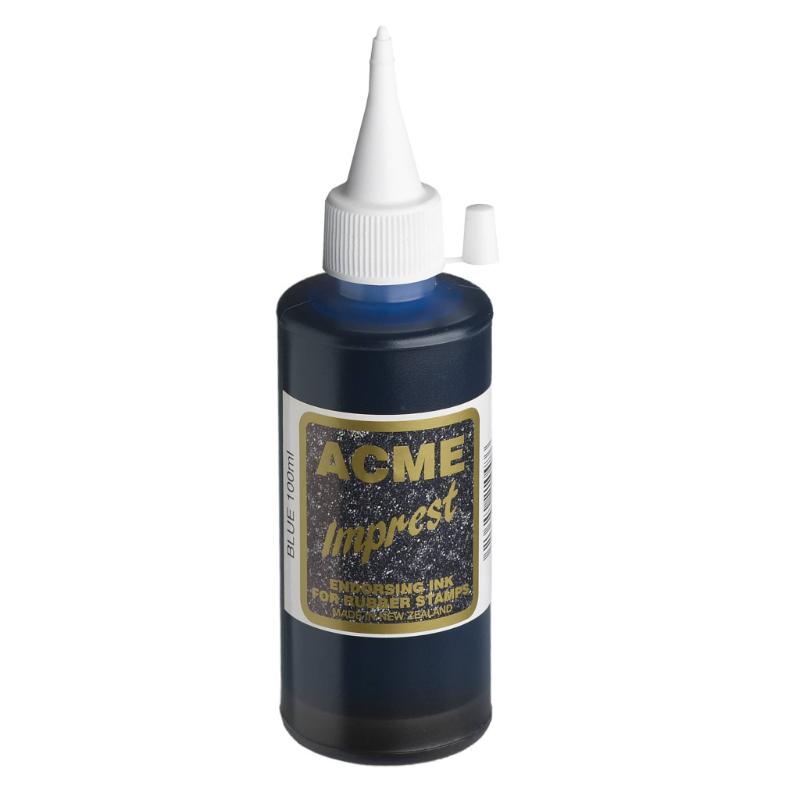 Acme Imprest Ink 100ml in blue, perfect for vibrant stamping on paper or cardboard, eco-friendly and versatile.