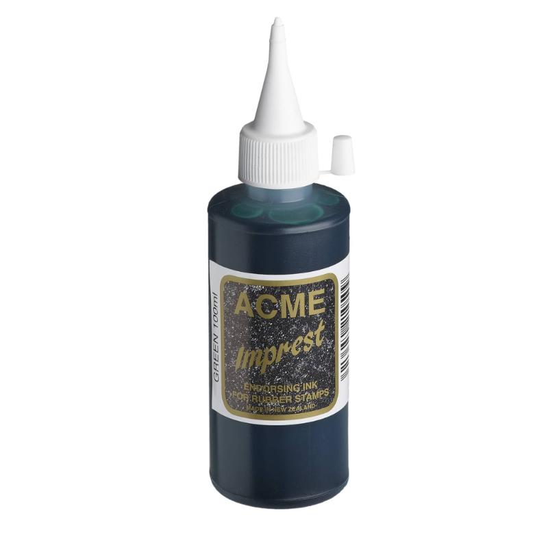 Acme Imprest Ink 100ml in vibrant green, water-based, ideal for stamping on paper and cardboard.