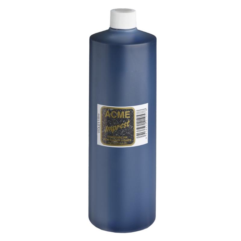 Acme Imprest Ink 1 Litre in vibrant violet, perfect for crisp stamping on paper and cardboard surfaces.