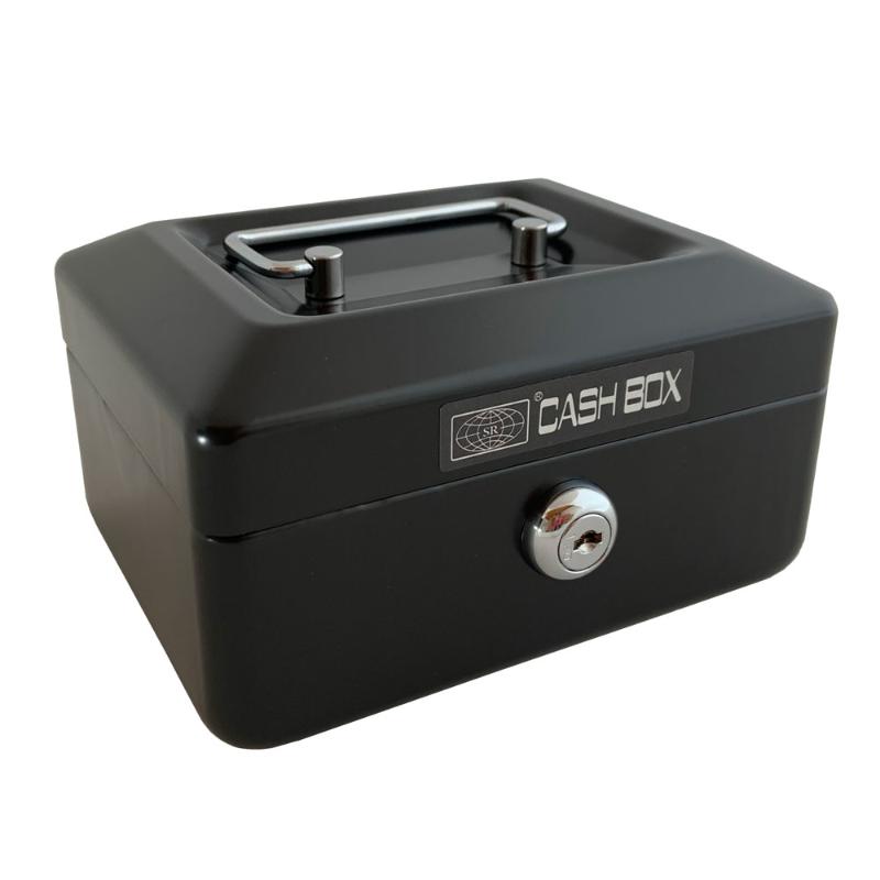 Black 6-inch SR Cash Box designed for secure storage of cash and valuables, featuring a removable tray and two keys.