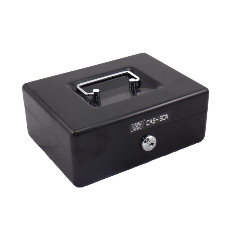 Sturdy 8-inch black cash box with removable tray, keys, and recessed handle for secure storage of cash and valuables.