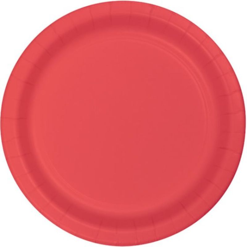 Vibrant coral disposable paper dinner plates, 23cm, pack of 24, perfect for stylish and eco-friendly dining occasions.