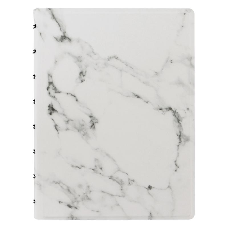 Elegant A5 marble-lined notebook with customizable pages, durable twin wire spine, and secure elastic closure for on-the-go use.
