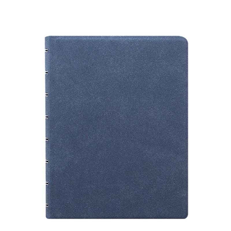 Blue suede A5 Filofax notebook with refillable pages, elastic closure, and movable index for versatile planning and note-taking.
