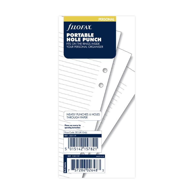 Compact Filofax Personal Portable Hole Punch for organizing planners, punches two sheets, ideal for on-the-go customization.