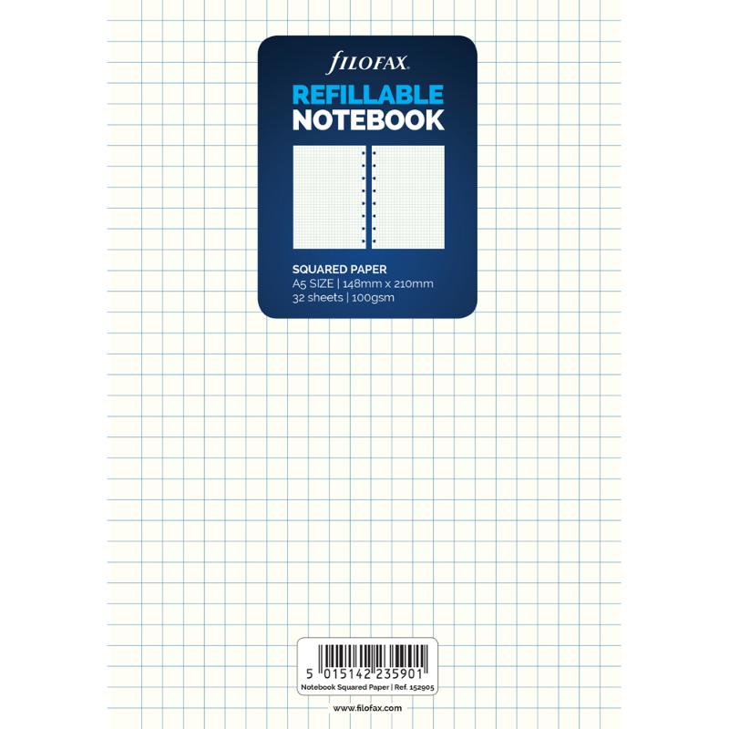 Squared paper refill for A5 Filofax notebooks, featuring 32 sheets of high-quality 100gsm ruled paper for versatile writing.