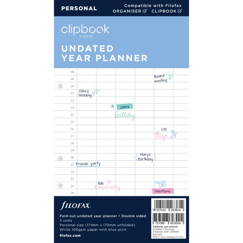 "Filofax Clipbook Personal Year Planner Refill, undated, fold-out design for organizing important dates and notes."