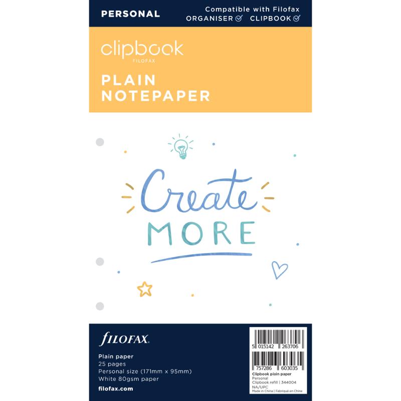 Filofax Clipbook Personal Plain Paper Refill with 25 high-quality sheets for note-taking, brainstorming, and organizing.