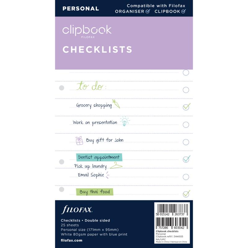 Filofax Clipbook Personal To Do List Refill with 25 double-sided sheets, made from 80% recycled 80gsm white paper.