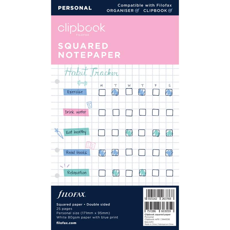 Filofax Clipbook Personal Square Notepad Refill with 25 double-sided 80gsm sheets, eco-friendly and perfect for organized note-taking.