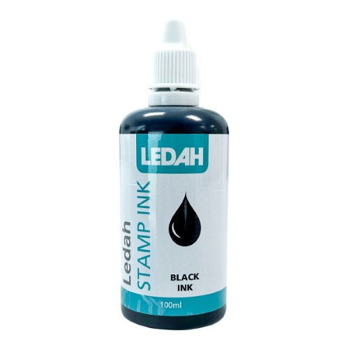 Black Ledah Stamp Ink 100ml bottle with tapered applicator for precise application and secure screw-top cap to prevent leakage.