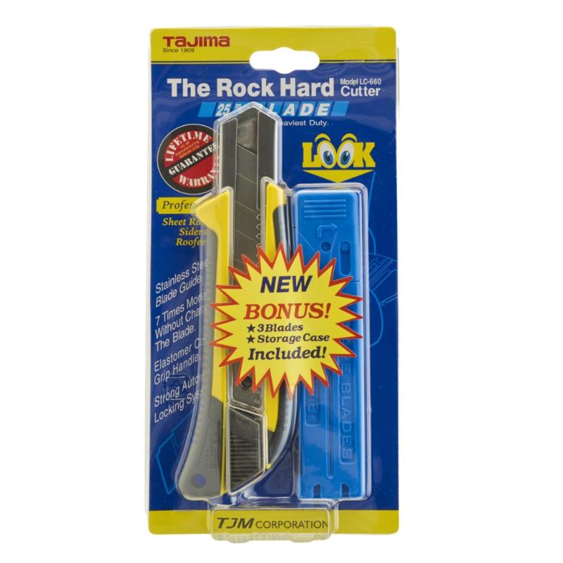 Tajima LC660 Slide-Lock Cutter featuring 25mm snap blades, ergonomic grip, safety features, and three spare blades for versatile cutting.