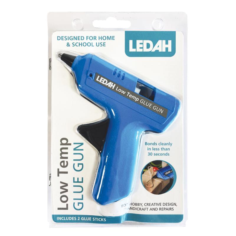 Ledah Low-Temp Glue Gun 9W with retractable stand, heats in 5 minutes, perfect for crafts and quick repairs with 2 glue sticks.
