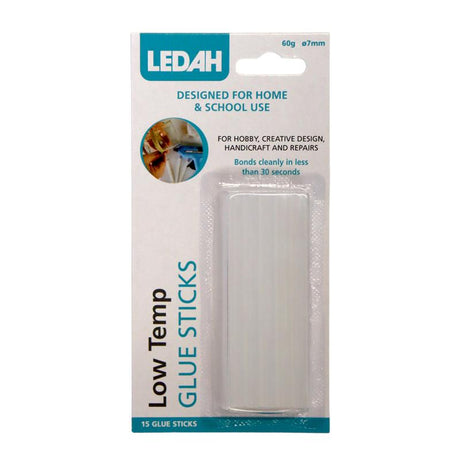 Clear 7mm low-temp glue sticks, 15-pack, ideal for crafting, DIY, and quick repairs; bonds in under 30 seconds.