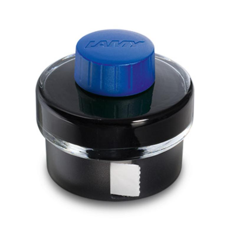 Lamy Ink T52 Bottle 50ml in vibrant blue, designed for fountain pens with a residue basin and blotting paper for easy refills.