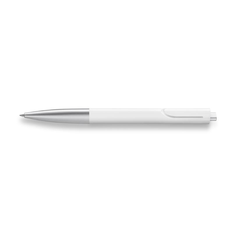 Lamy Noto Ballpoint pen in White/Silver featuring a triangular shape for comfort, matte finish, and integrated clip.