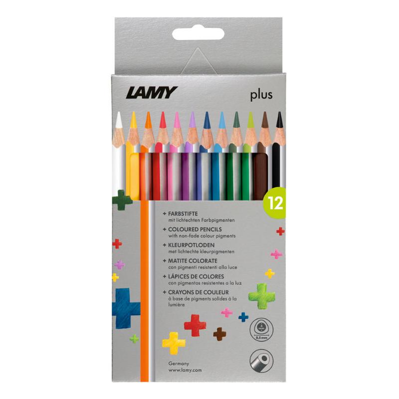 Lamy Coloured Pencils Plus Pack 12 featuring 12 vibrant, ergonomic pencils ideal for artists and hobbyists, packaged for portability.