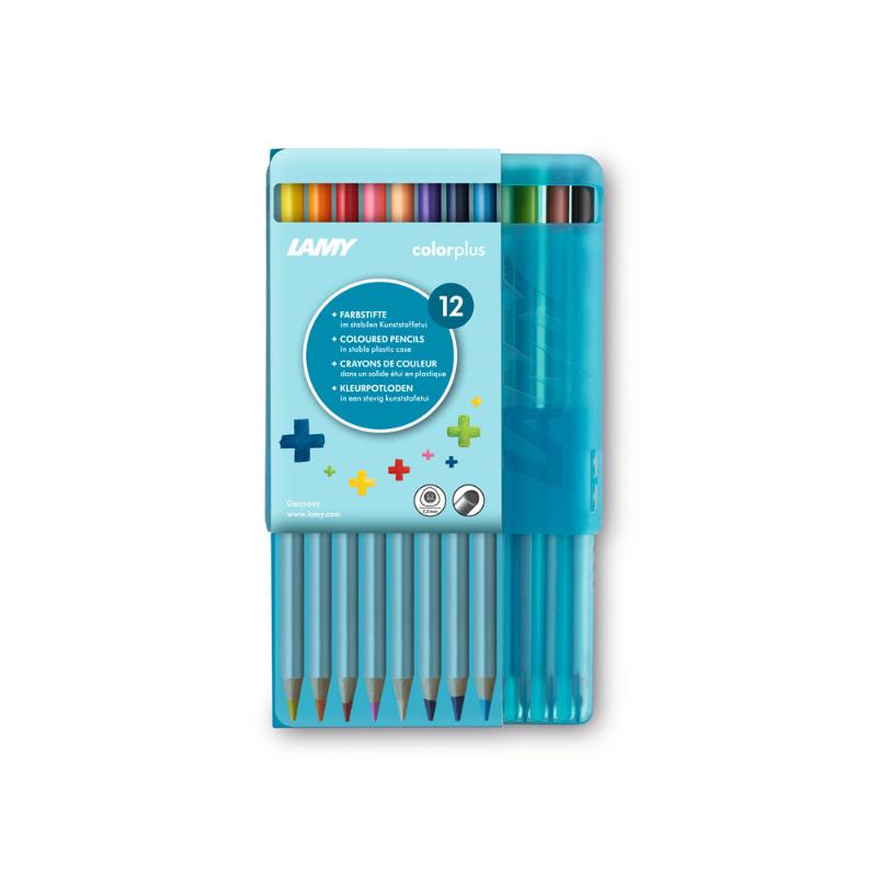 Set of 12 Lamy Colorplus colored pencils in a plastic case with stand, perfect for vibrant artistic creations.