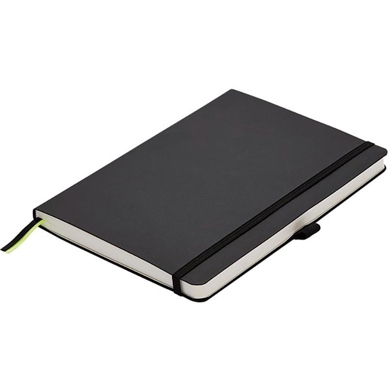 Lamy Soft Cover Black Notebook with 192 bleedproof pages, pen loop, bookmarks, and elastic closure for writing enthusiasts.