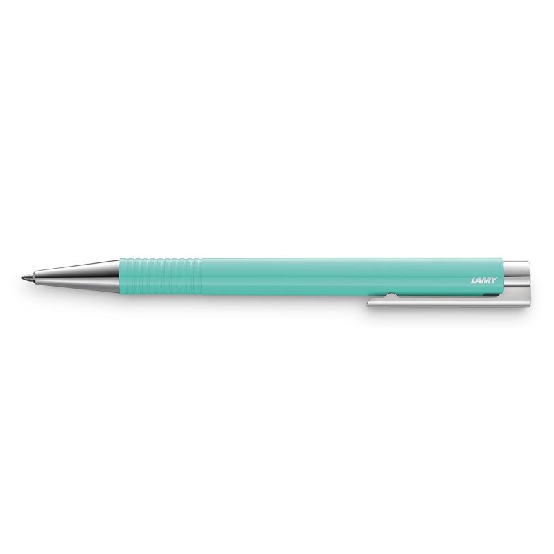 Lamy Logo M+ Ballpoint in vibrant lagoon color, featuring a stylish design, spring-loaded clip, and pressure mechanism.