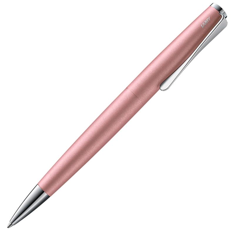 Lamy Studio Ballpoint Pen in rose matt, sleek stainless steel, twist mechanism, and propeller-shaped clip for stylish writing.