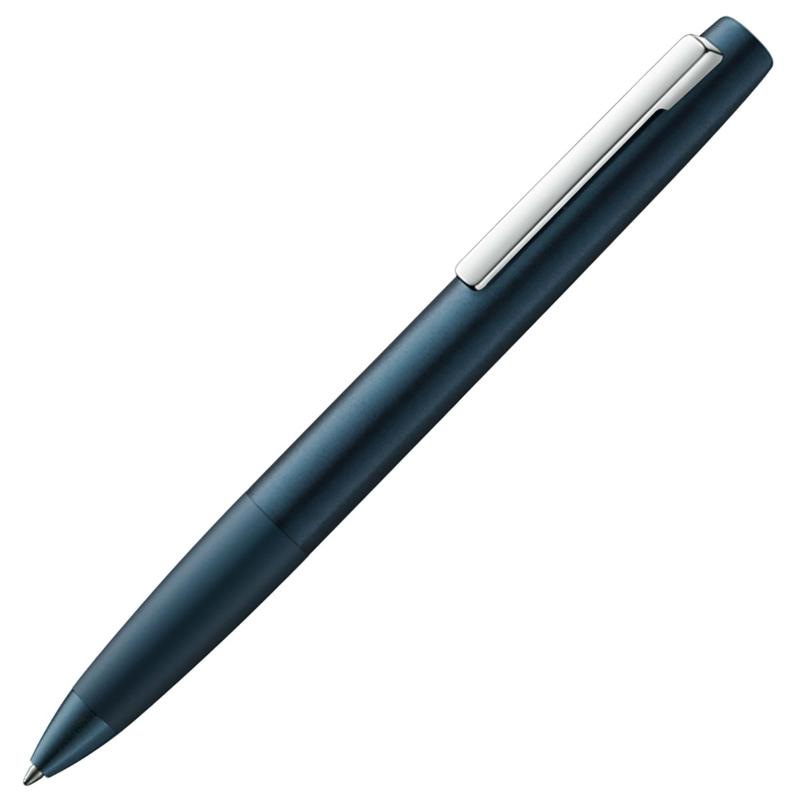 Lamy Aion Ballpoint Pen in deep dark blue, featuring anodized aluminum, circular-brushed finish, and a twist-action mechanism.