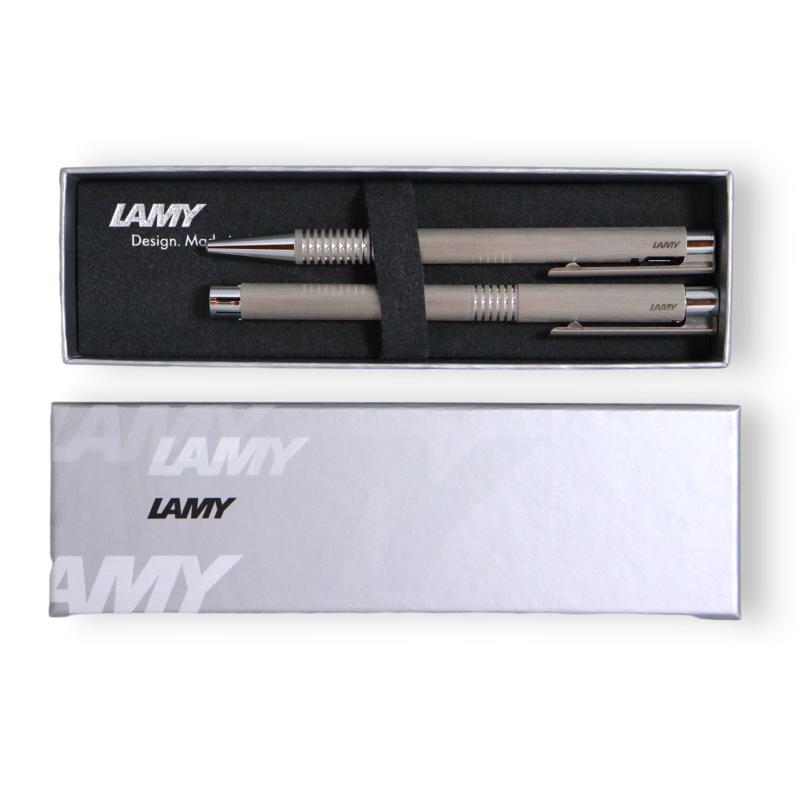 Lamy Logo Gift Set 006/206 features two brushed stainless steel pens in an elegant box, perfect for stylish writing and gifting.