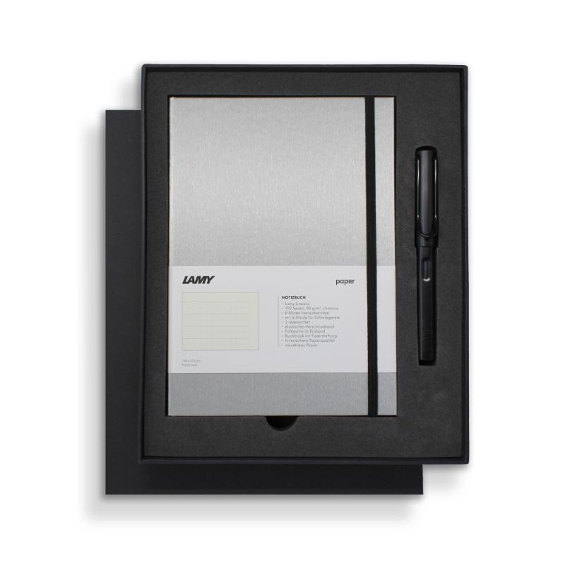 Lamy Notebook Fountain Pen Gift Set in black, featuring a sleek pen, A5 hardcover notebook, and premium bleed-proof paper.