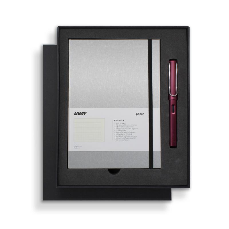 Lamy Notebook Fountain Pen Gift Set with black and purple design, featuring a stylish pen and premium A5 hardcover notebook.