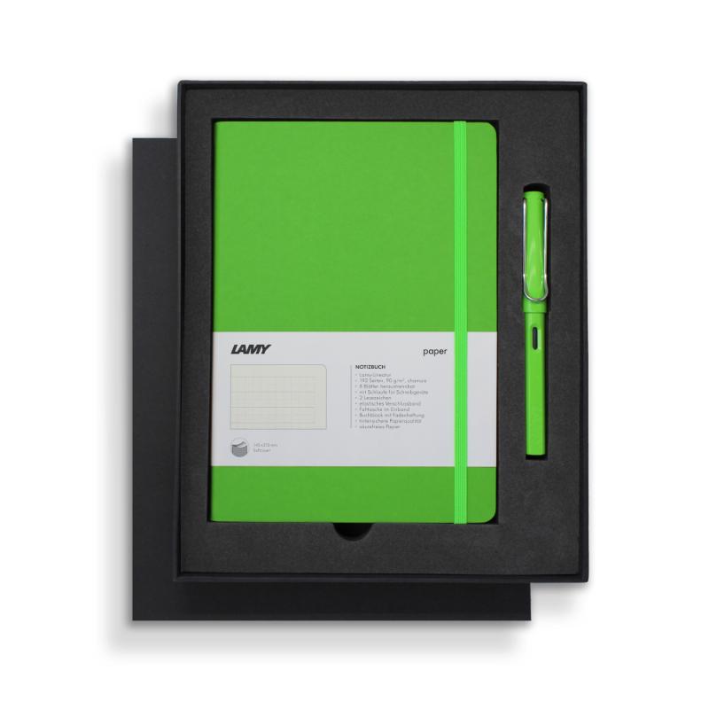 Lamy Notebook Fountain Pen Gift Set in green with ergonomic pen, 192 pages notebook, and stylish brushed metal design.