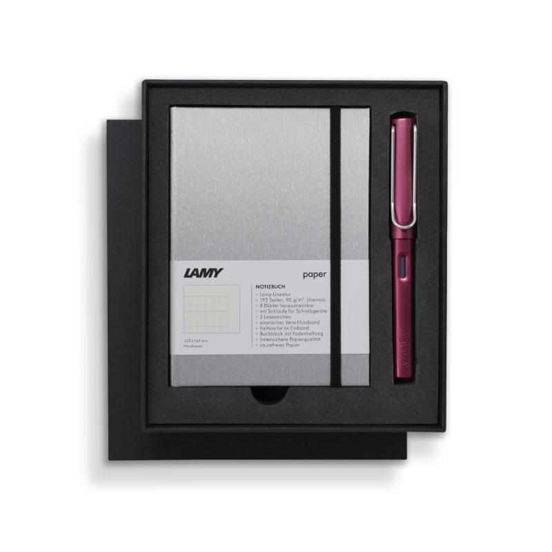 Lamy Notebook Fountain Pen Gift Set in black and purple, featuring a sleek pen and elegant hardcover notebook for stylish writing.