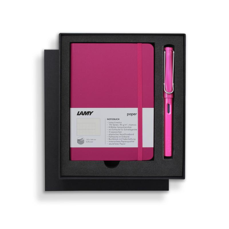 Lamy Notebook Fountain Pen Gift Set in pink, featuring a stylish pen and A6 softcover notebook with ruled, bleed-proof pages.