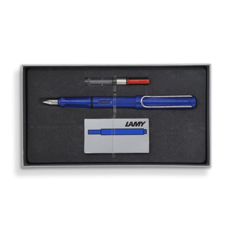 Lamy Fountain Pen Gift Set Blue E191 featuring a blue ABS plastic pen, ergonomic grip, steel nib, and ink cartridges.