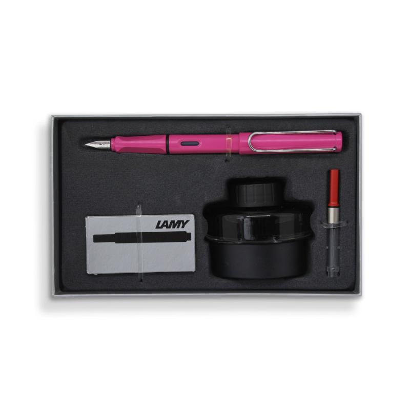 Elegant pink Lamy Fountain Pen Gift Set E193 with polished steel nib, ink bottle, converter, and blotting paper for effortless writing.