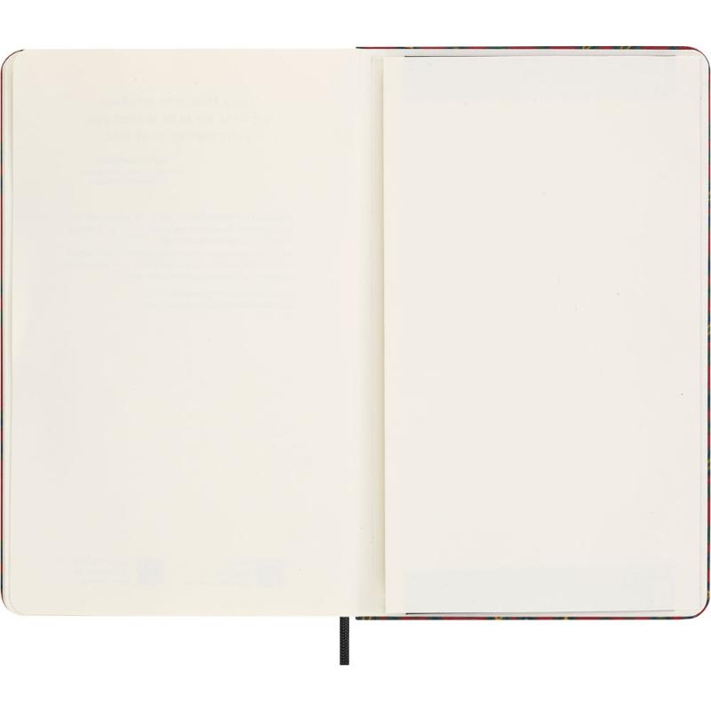Luxurious bordeaux silk-covered Moleskine notebook, large ruled pages, elastic closure, ribbon bookmark, perfect for note-taking.