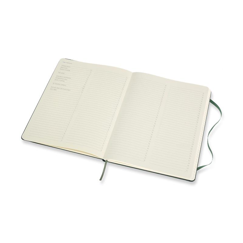 Moleskine Pro Notebook XL in Forest Green, featuring a durable hard cover, numbered pages, detachable sheets, and elastic closure.