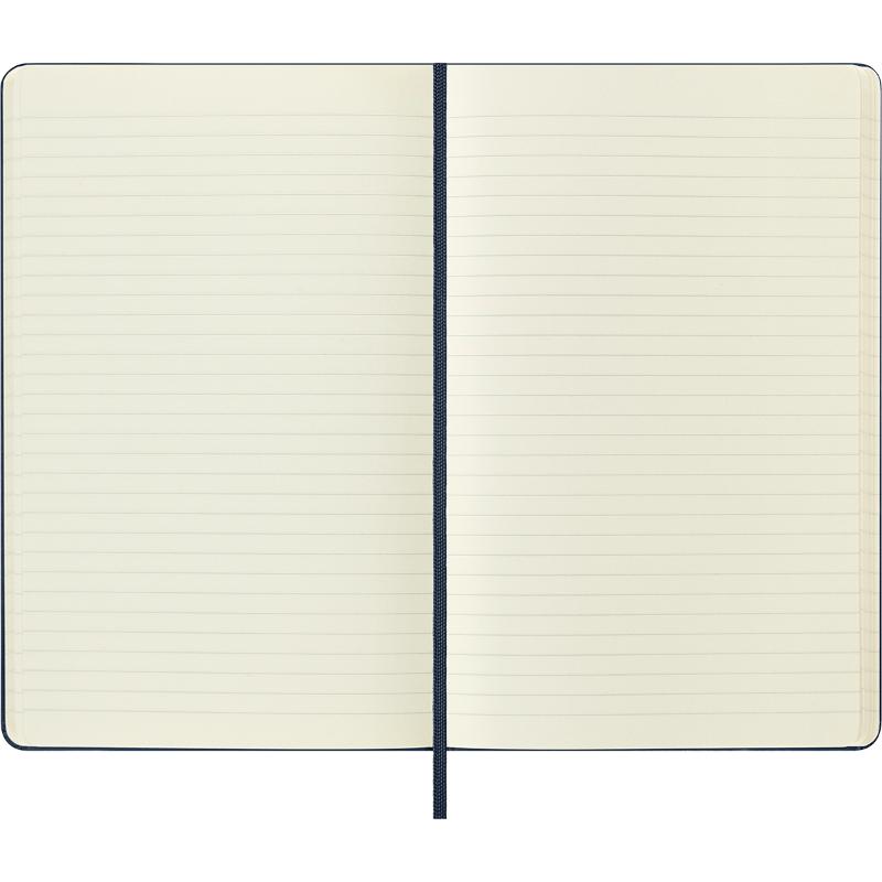 Large ruled sapphire blue Moleskine notebook with hard cover, elastic closure, ribbon bookmark, and expandable back pocket.