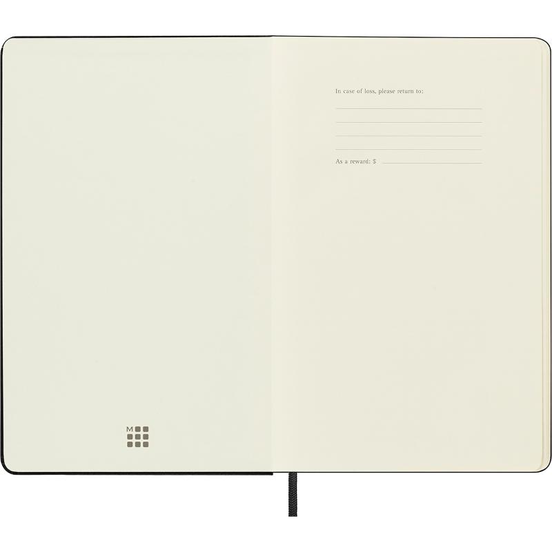 Moleskine Large Black Notebook with hard cover, elastic closure, dot grid pages, and expandable pocket for notes and mementos.