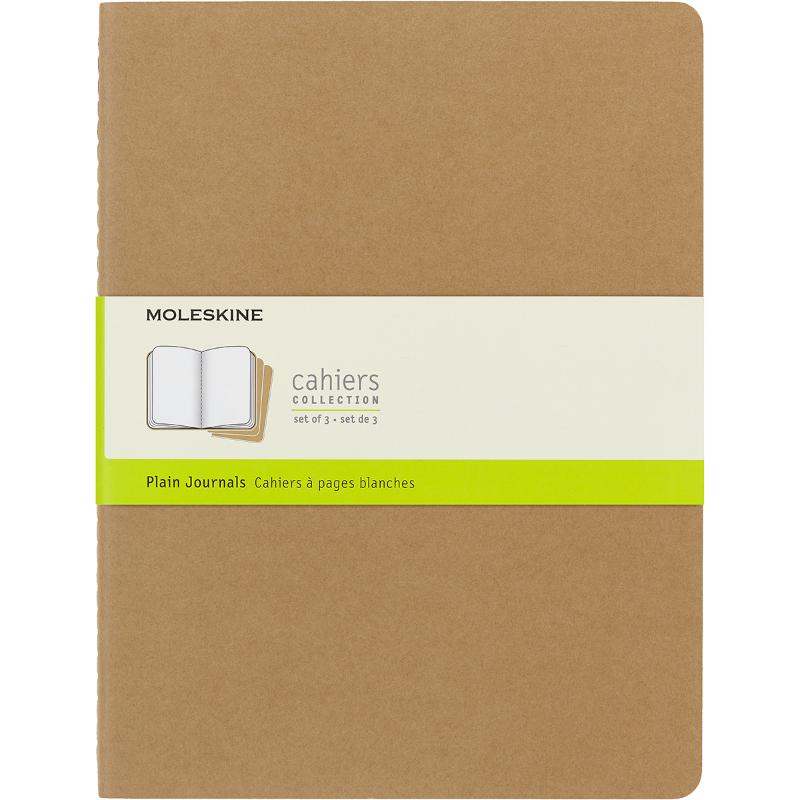 Set of 3 Moleskine Cahier Journals XL in Kraft Brown, featuring customizable covers and acid-free pages for notes and sketches.