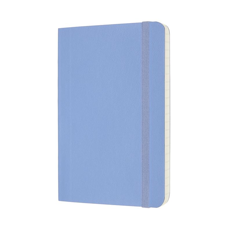 Moleskine Pocket Notebook in Hydrangea Blue with ruled pages, elastic closure, and expandable pocket for notes and cards.